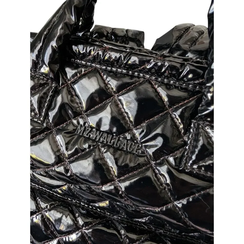 MZ Wallace Black Lacquer Quilted Metro Top Handle Patent Backpack Medium